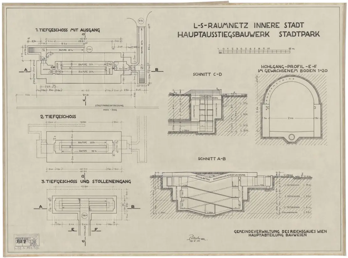 Von 20 geplanten Hauptausstiegen wurden nur jene am Rudolfsplatz und im Volksgarten gebaut. Der Hauptausstieg im Stadtpark wurde nicht verwirklicht. Quelle: WStLA  