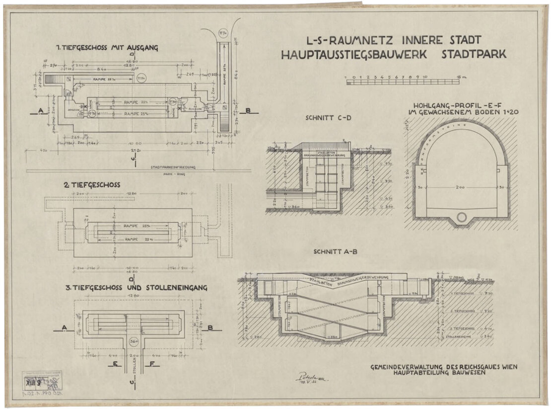 Von 20 geplanten Hauptausstiegen wurden nur jene am Rudolfsplatz und im Volksgarten gebaut. Der Hauptausstieg im Stadtpark wurde nicht verwirklicht. Quelle: WStLA