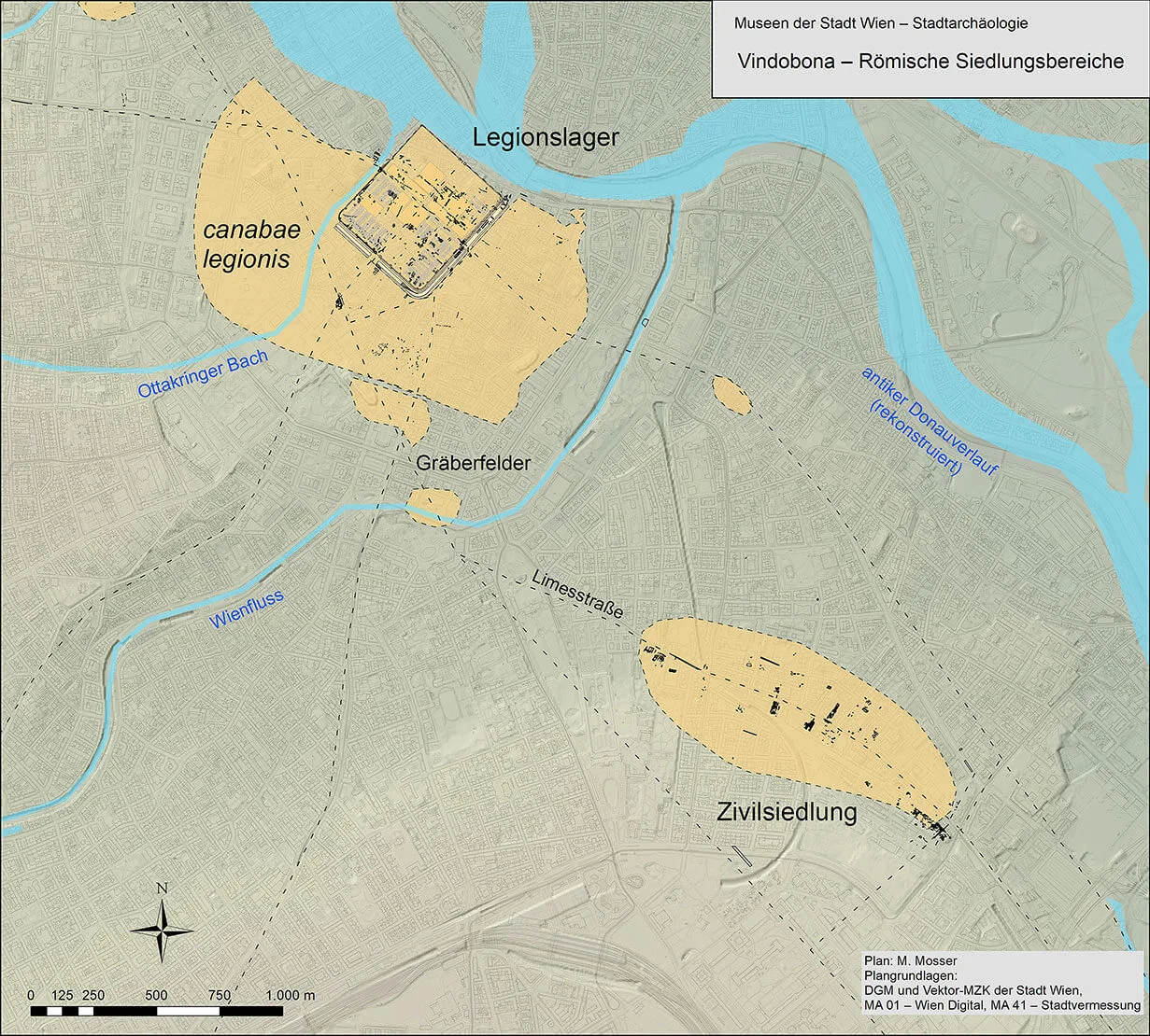Die römischen Siedlungsbereiche von Vindobona. Plan: Martin Mosser/Stadtarchäologie Wien  