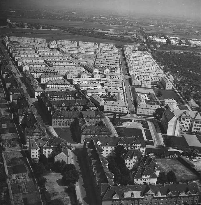Siedlung Siemensstraße, Schrägluftaufnahme, 1956, Foto: Wiener Stadt- und Landesarchiv