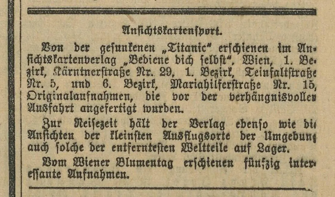 Nach dem Untergang der Titanic, aus: „Die Zeit“, 28. April 1912, ANNO/ÖNB   