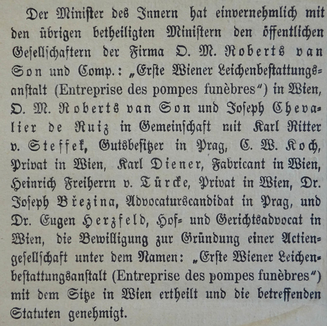 Bewilligung zur Gründung der „Ersten Wiener Leichenbestattungsanstalt (Entreprise de pompes funèbres)“. In: Wiener Zeitung vom 3. August 1869. Foto: Christian Hlavac 