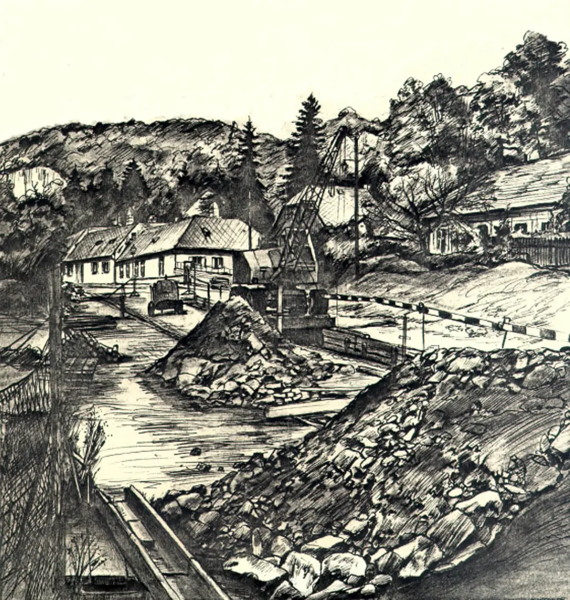 Kurt Werner: Überwölbung des Erbsenbaches in Sievering, Tuschezeichnung, 1966, Wien Museum