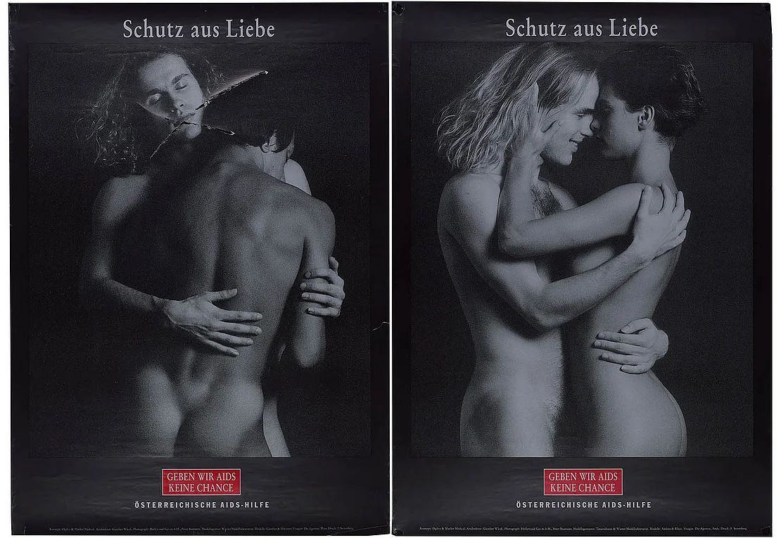 Plakate der Österreichischen Aids-Hilfe, 1998, Qwien. Die Kampagne umfasste mehrere Sujets mit nackten Paaren, darunter zwei Versionen mit einem Männerpaar. Für die öffentliche Plakatierung verweigerte das Gesundheitsministerium die Zustimmung und berief sich auf §220 StGB. In Szenemedien wie den Lambda Nachrichten der HOSI erschienen sie dennoch als bezahlte Inserate und wurden in einschlägigen Lokalen plakatiert.   