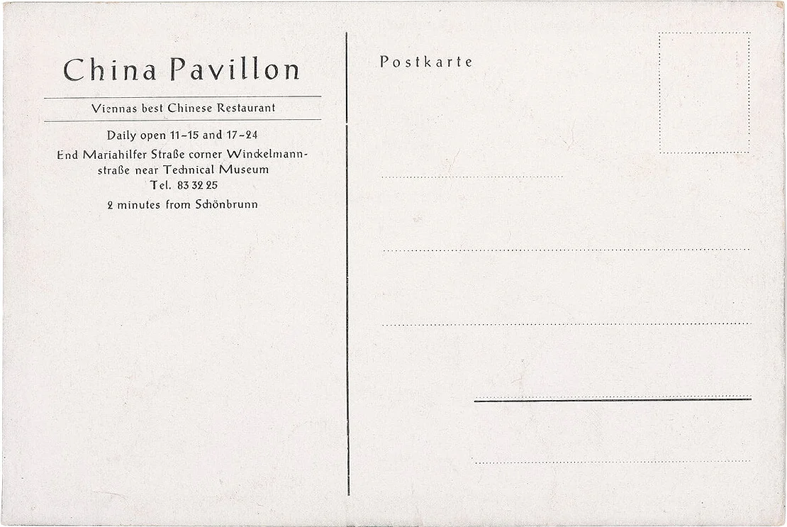 Postkarte des „China Pavillon“ in der Winckelmannstraße, vermutlich 1970er Jahre, Wien Museum  
