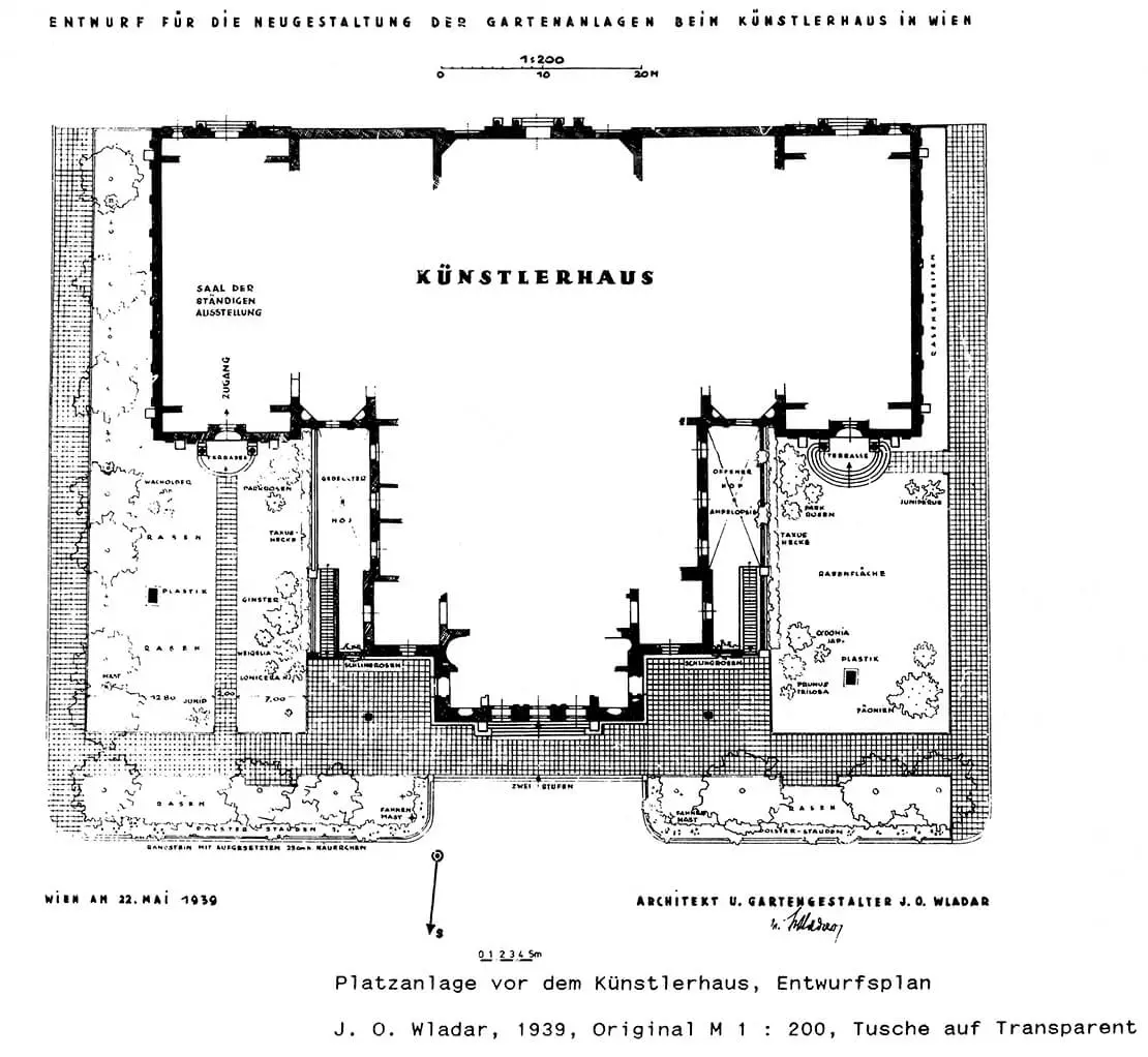Josef Oskar Wladar: Entwurf für die Gartengestaltung vor dem Künstlerhaus, 1939 (LArchiv, Archiv Österreichischer Landschaftsarchitektur, Universität für Bodenkultur Wien, JOW-1939-3-P1)