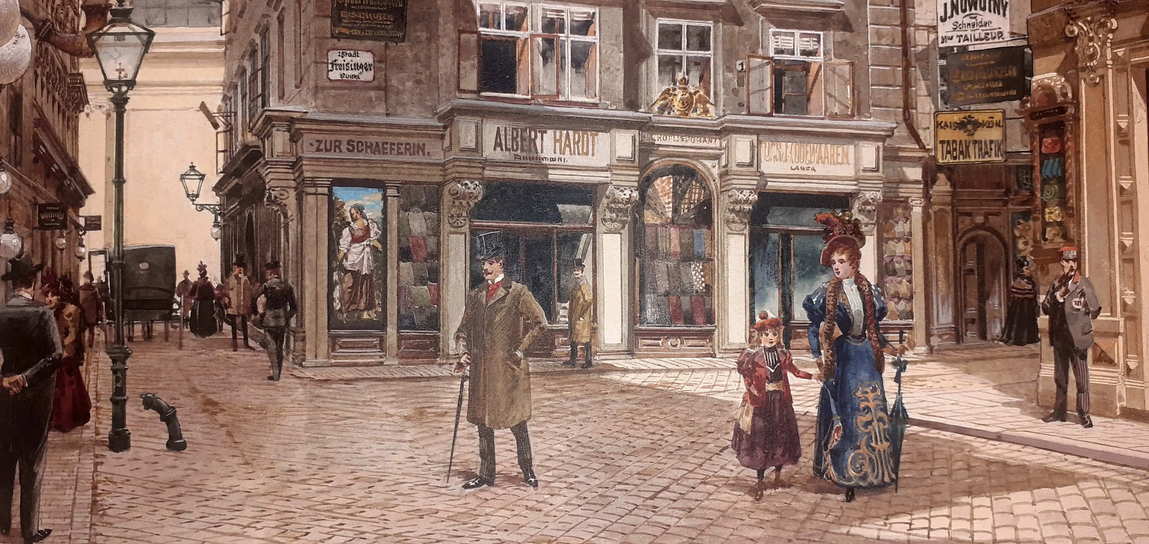 Das Eisgrübel (Freisingergasse, Ecke Goldschmiedgasse), Aquarell von Richard Moser (Ausschnitt), 1900, Wien Museum. Zu sehen ist die Tuchhandlung Hardt, für die Leopold Kupelwieser 1830 das Geschäftsschild „Die schöne Schäferin“ schuf. Kupelwieser fertigte 1843 selbst eine etwas veränderte Variante des Bildes an, die hier im Aquarell zu sehen ist. Das Original ging wieder in Kupelwiesers eigenen Besitz über.