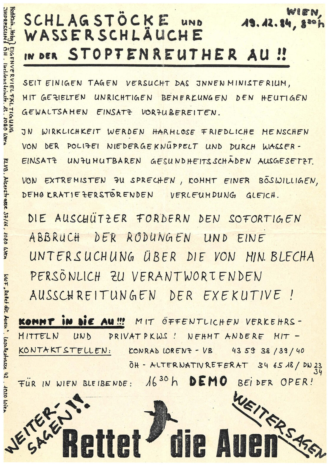 Protest-Flugblätter zu Hainburg, 1984, Wien Museum 