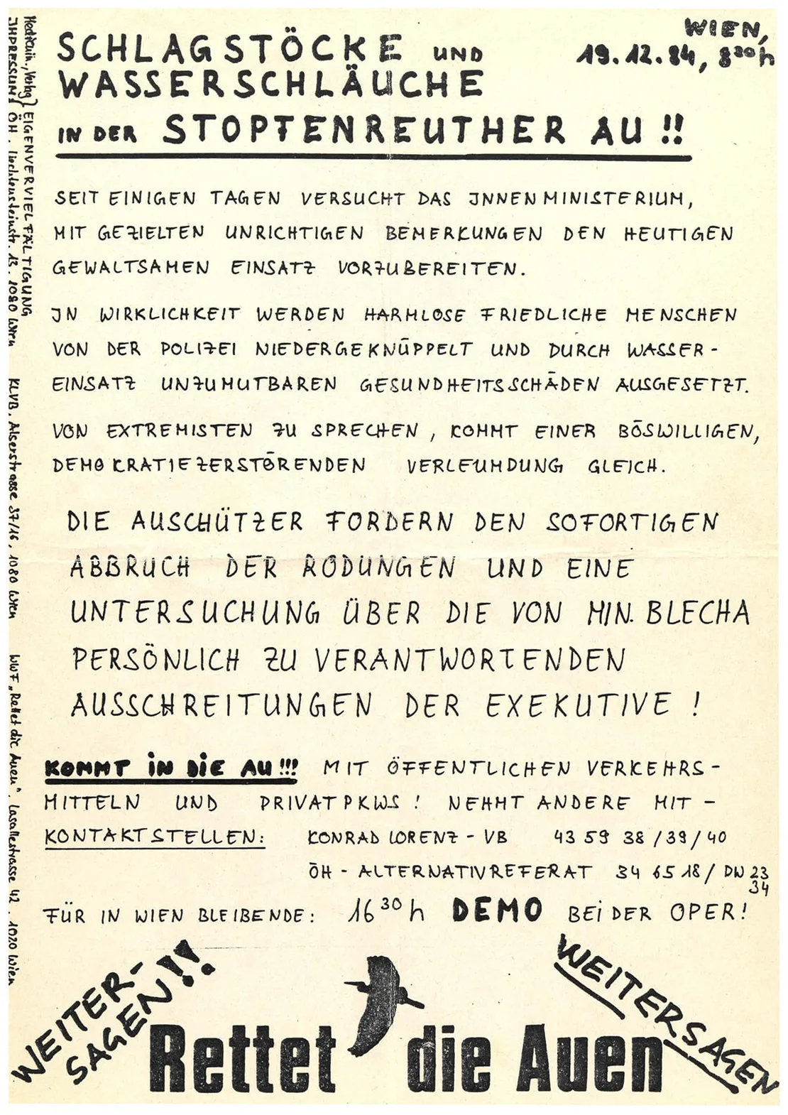 Protest-Flugblätter zu Hainburg, 1984, Wien Museum  