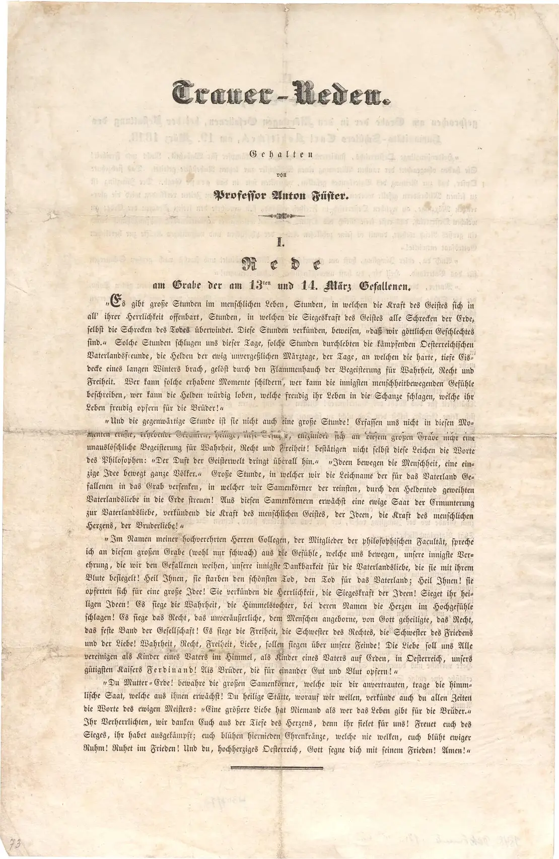 Anton Füsters Rede anlässlich der Trauerfeier der Märzgefallenen 1848, Wien Museum