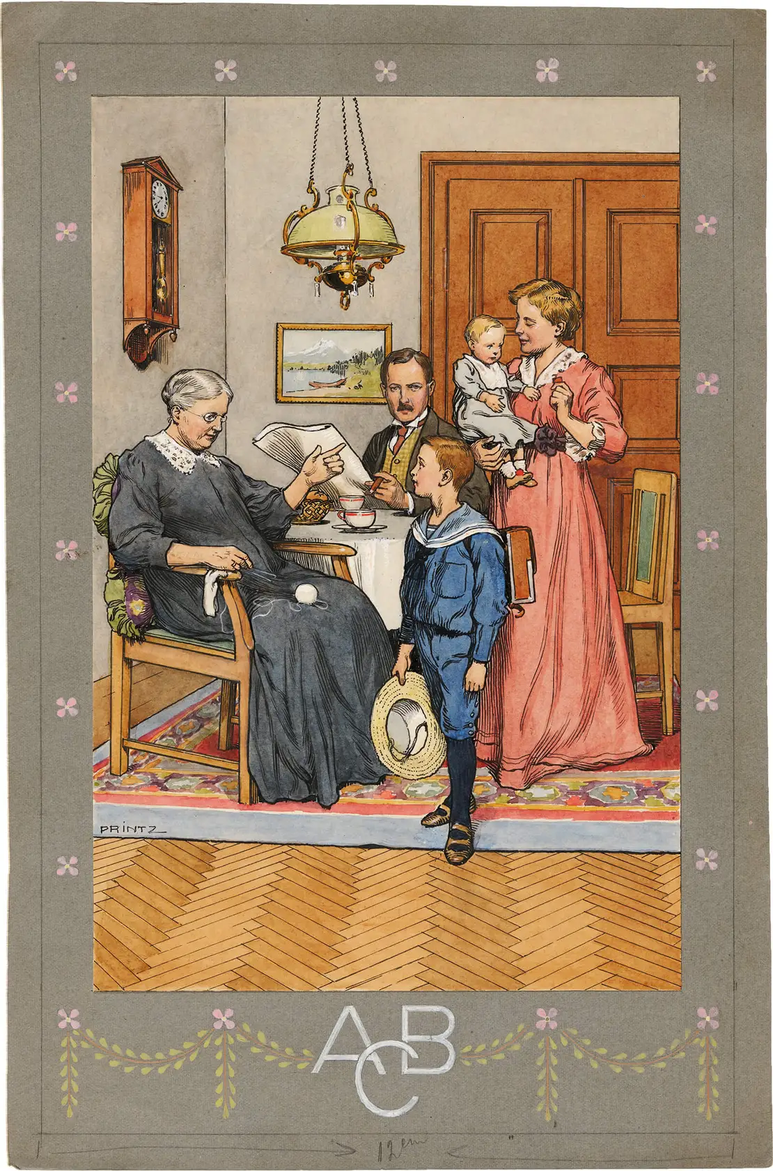 „Daheim und in der Schule“, Gouache-Federzeichnung von Hans Printz, 1911. „Fibel nach der analytisch-synthetischen Lesemethode“. Alois Fellner und Albert Kundi. Mit Bildern von Hans Printz. Verlag A. Pichlers Witwe & Sohn; Wien 1911.  