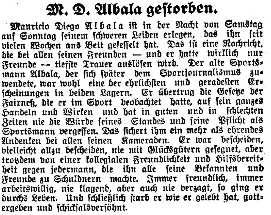 „Der alte Sportsmann Albala, der sich später dem Sportjournalismus zuwendete“, war am 1. Juni 1935 verstorben. Nachruf im Sport-Tagblatt, 3.6.1935, ÖNB / ANNO