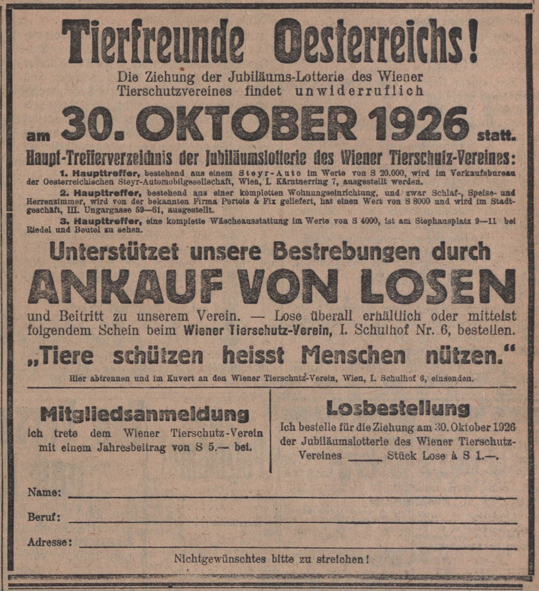 Werbung für die Tierschutz-Lotterie in der Illustrierten Kronen-Zeitung vom 10. Oktober 1926, Quelle: ANNO/ÖNB 