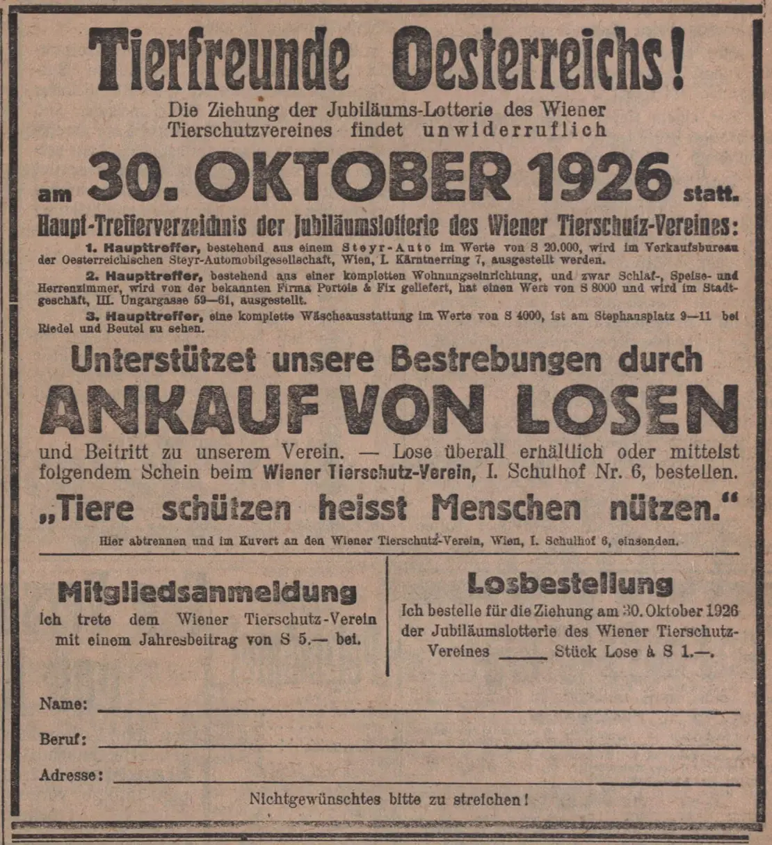 Werbung für die Tierschutz-Lotterie in der Illustrierten Kronen-Zeitung vom 10. Oktober 1926, Quelle: ANNO/ÖNB