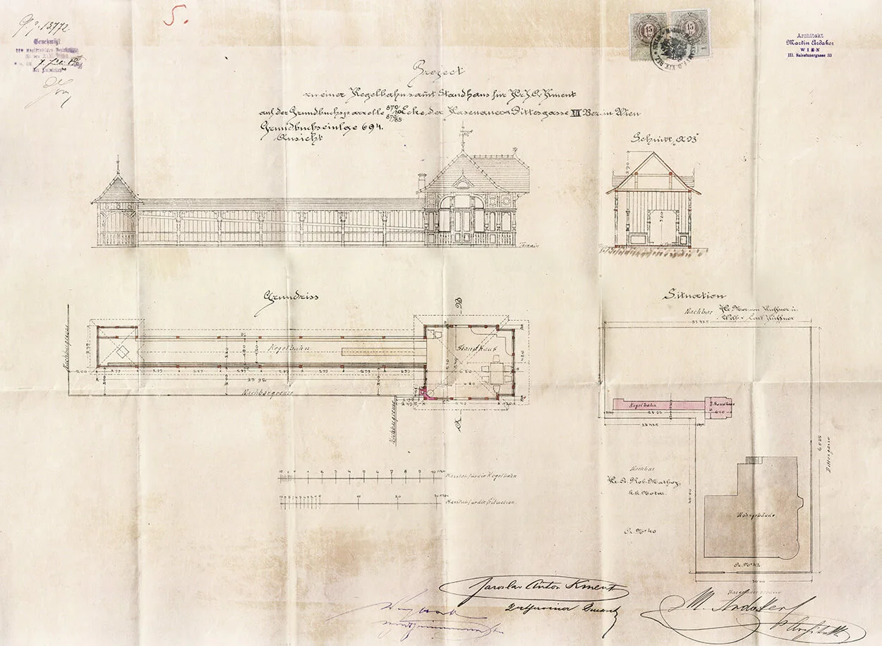  „Project zu einer Kegelbahn samt Standhaus für Hr. J. A. Kment“, im Döblinger Cottage, datiert und genehmigt am 7. Juli 1896. Baupolizei Wien (MA 37), Gebietsgruppe West, Foto: A. Göttche  