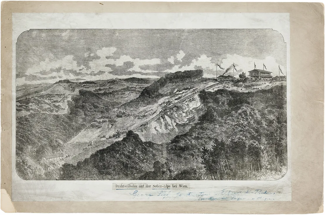 Johann Josef Kirchner, Gesamtdarstellung der Drahtseilbahn auf die Sophienalpe bei Wien, Fotografie nach einem Holzschnitt, 1874, Wien Museum