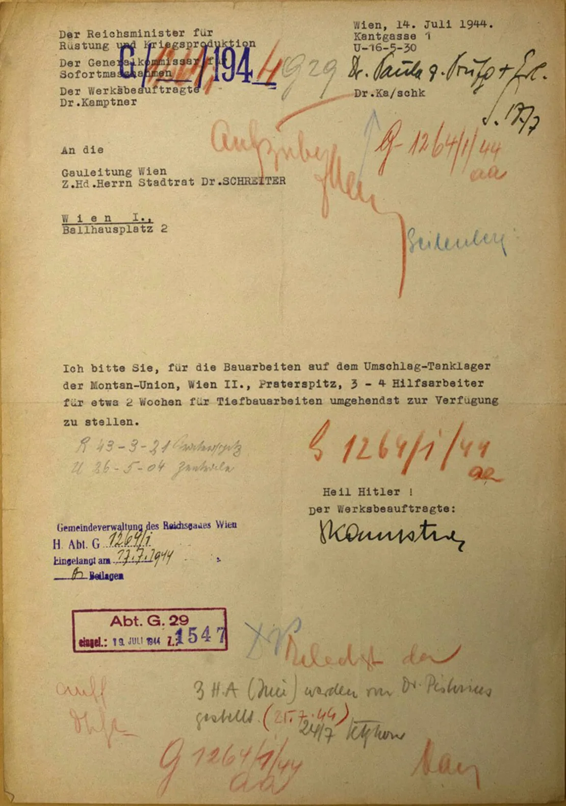 Kamptner forderte Mitte Juli Arbeitskräfte für Tiefbauarbeiten der Montan-Union am Praterspitz an. Pistorius stellte dafür drei IMI zur Verfügung wie aus dem handschriftlichen Vermerk hervorgeht. Quelle: WStLA  