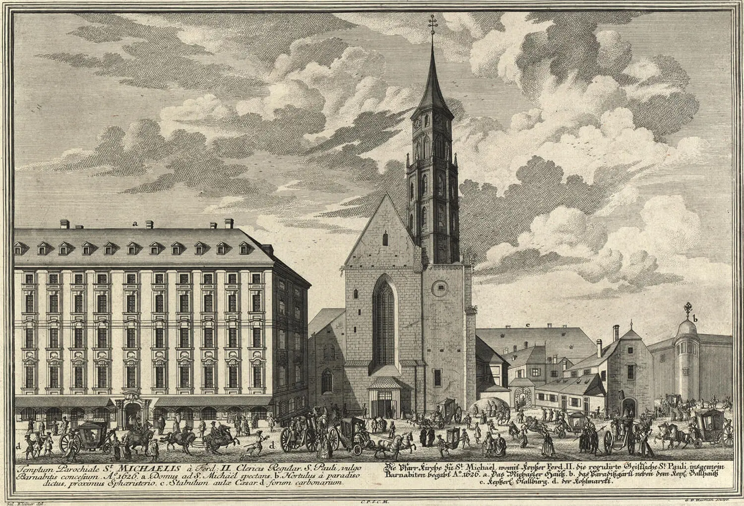 Das große Michaelerhaus neben der Pfarrkirche zu St. Michael, Kupferstich von Georg Daniel Heumann, nach einer Zeichnung von Salomon Kleiner, 1724, Wien Museum, Inv.-Nr. 105765/12