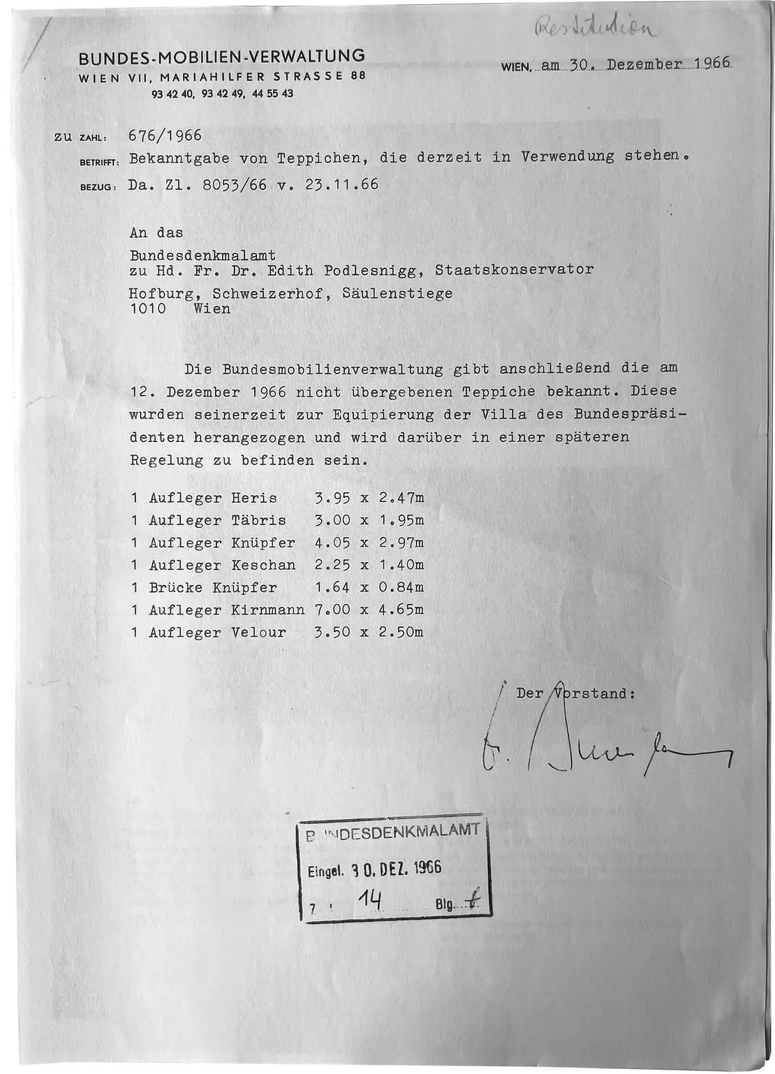 Schreiben der Bundes-Mobilien-Verwaltung an das Bundesdenkmalamt vom 30. Dezember 1966, Bundesdenkmalamt, Rest.Mat.  