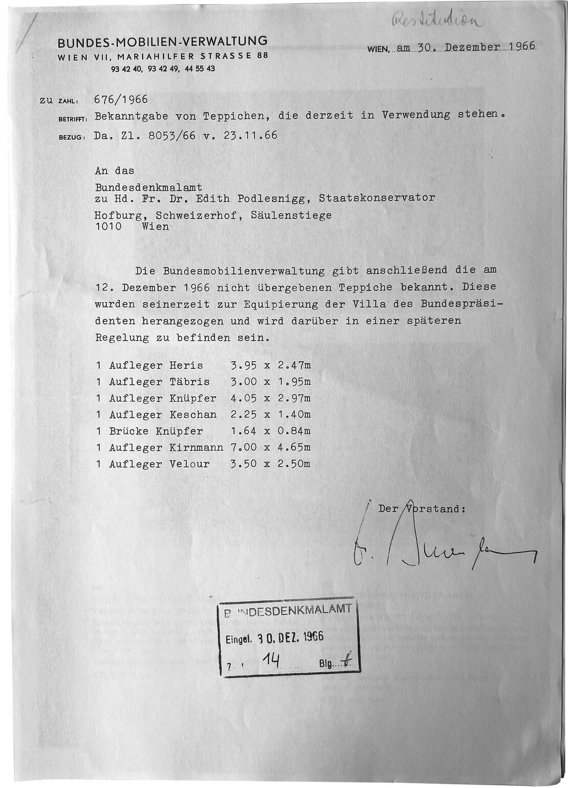 Schreiben der Bundes-Mobilien-Verwaltung an das Bundesdenkmalamt vom 30. Dezember 1966, Bundesdenkmalamt, Rest.Mat.  
