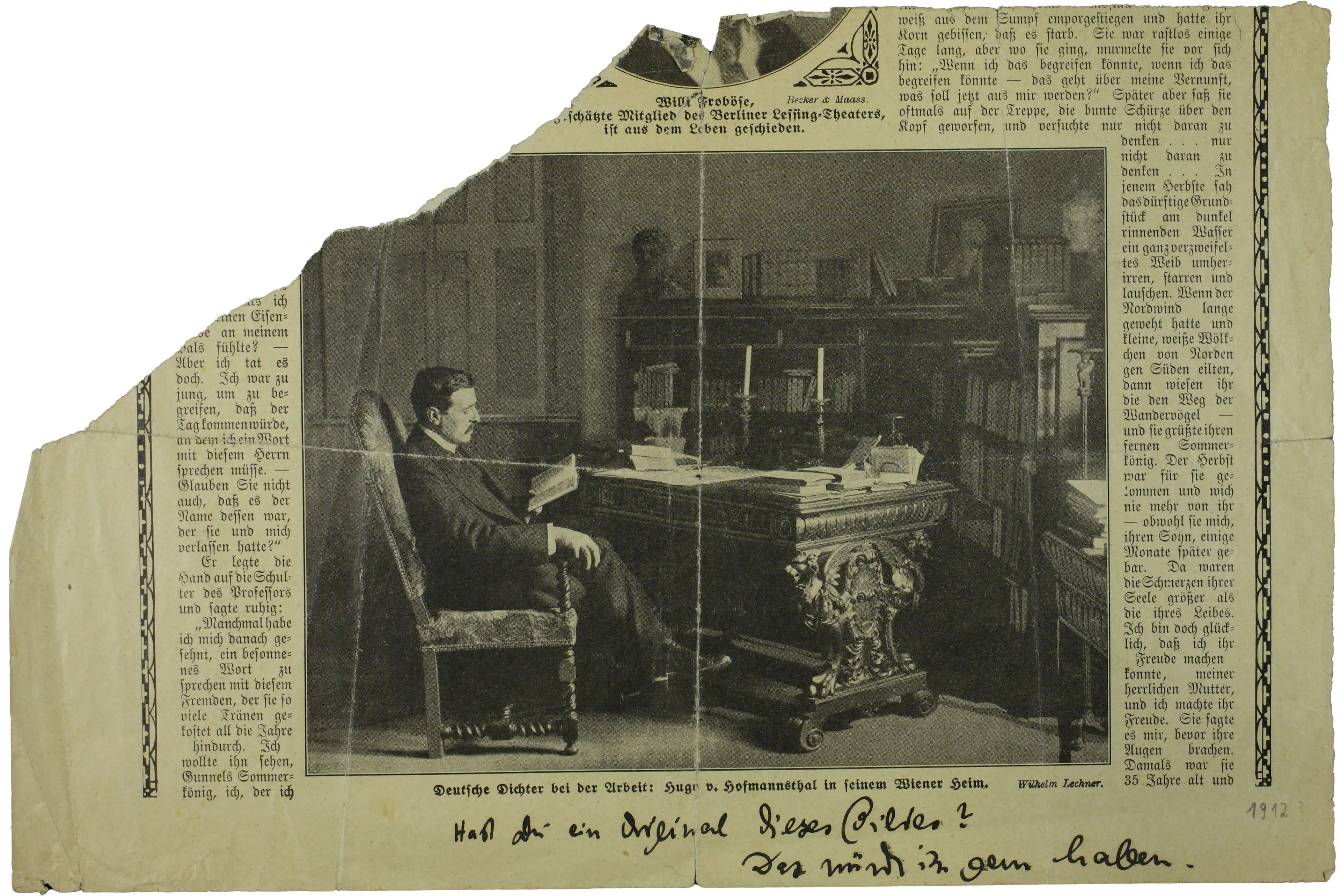 Ausgeschnittener (nicht identifizierter) Zeitungsbeitrag über Hofmannsthal, 1912, Nachlass Hofmannsthal, Freies Deutsches Hochstift, Frankfurt a.M.  
