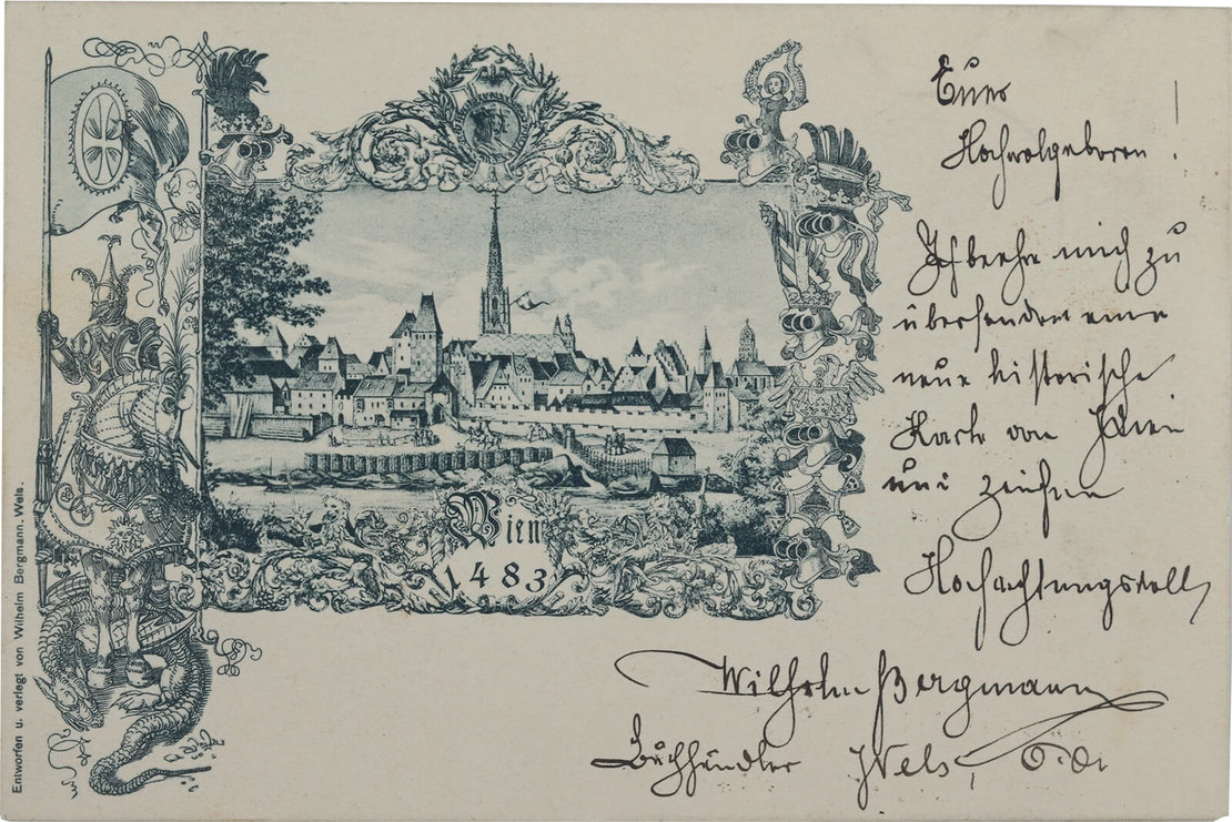 Die erste inventarisierte Ansichtskarte des Wien Museums, verschickt 1897 vom Hersteller an den Direktor der Städtischen Sammlungen, Wien Museum 