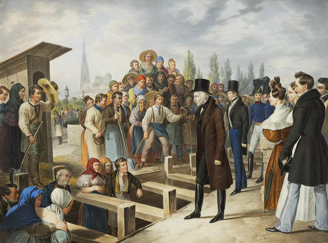 Kaiser Franz I. beim Besuch der Kanalarbeiten am Wienfluß 1831, Verlag Trentsensky, Wien Museum 