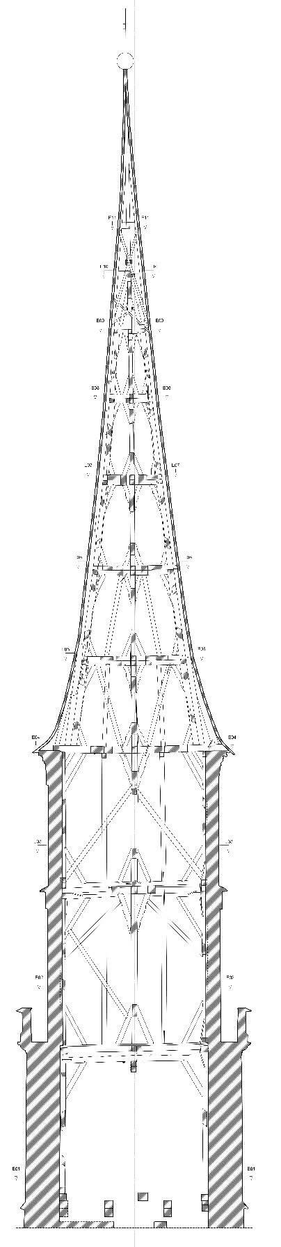 Schnitt durch die Dachkonstruktion des Turms von St. Michael, 1590er Jahre und 1825, ohne den Glockenstuhl (EKG Baukultur ZT GmbH Architekten, Zeichnung: Andrea Seeber und Svenja Schulmeister, Vermessung: Martin Offenhuber) 