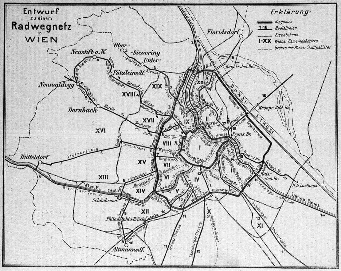 1901 entwarf Moriz Oransz diesen visionären Radfahrplan, der im Club-Organ des Oesterreichischen Touring-Club (Nr. 23/1901) abgebildet wurde. Quelle: ANNO/ÖNB