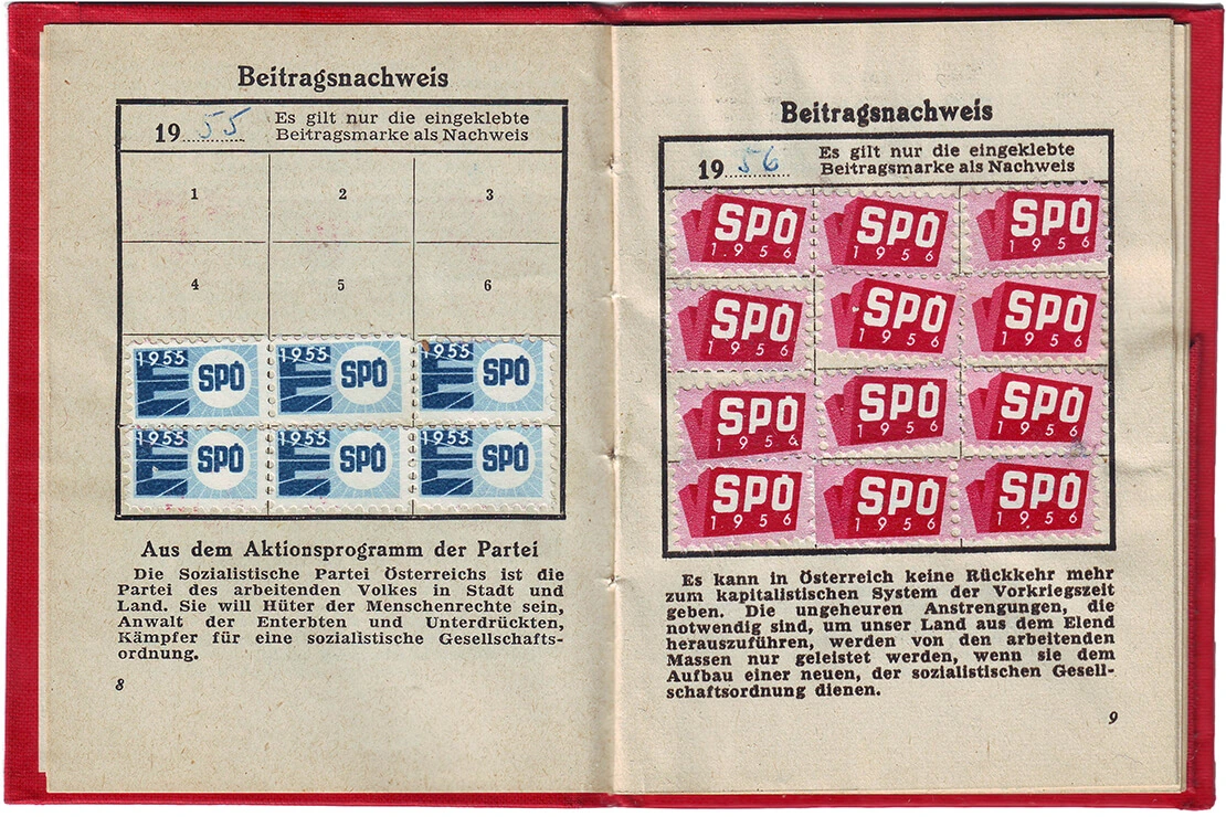 Mitgliedsbuch der Sozialistischen Partei Österreichs mit Beitragsnachweisen 1955/1956, © Wikimedia Commons/Dnalor 01