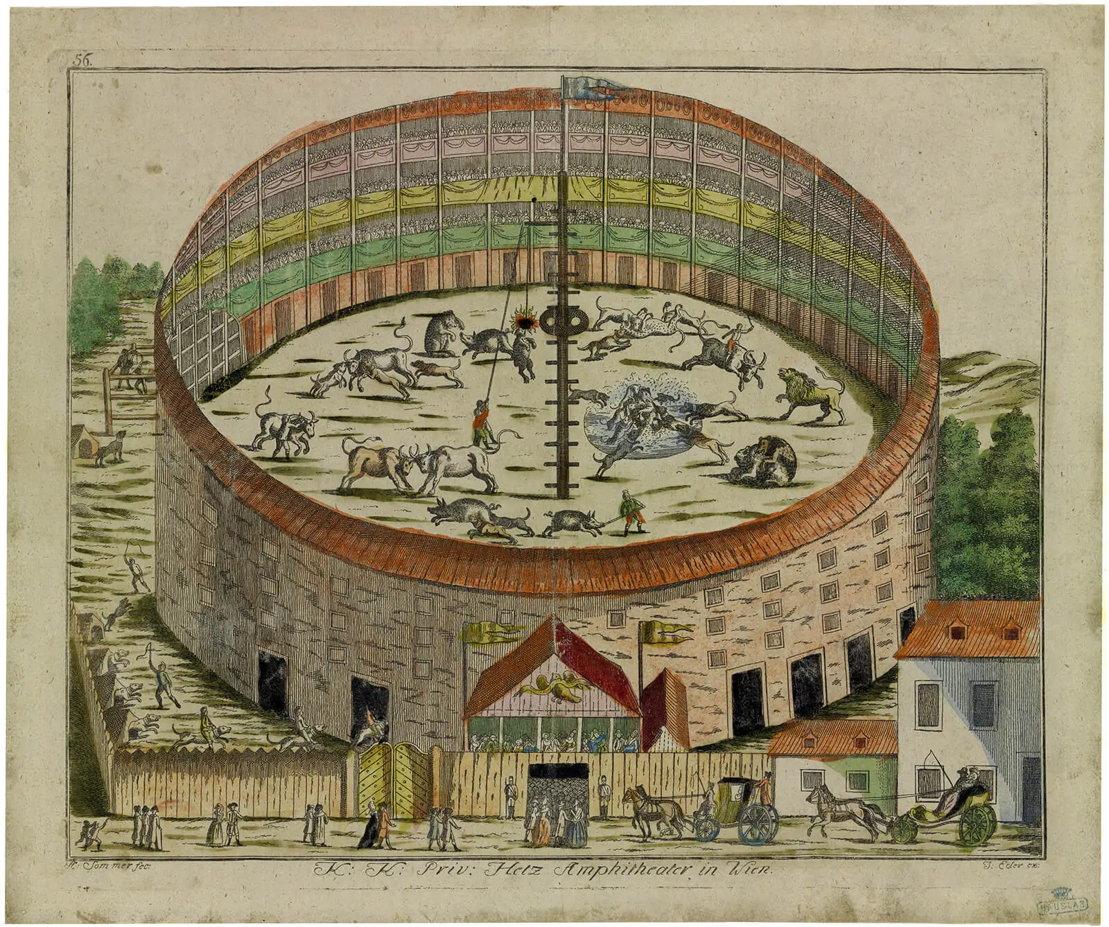 Josef Eder, A. Sommer: „K.K. Priv. Hetz Amphitheater in Wien“, um 1790, kolorierter Kupferstich, Wien Museum