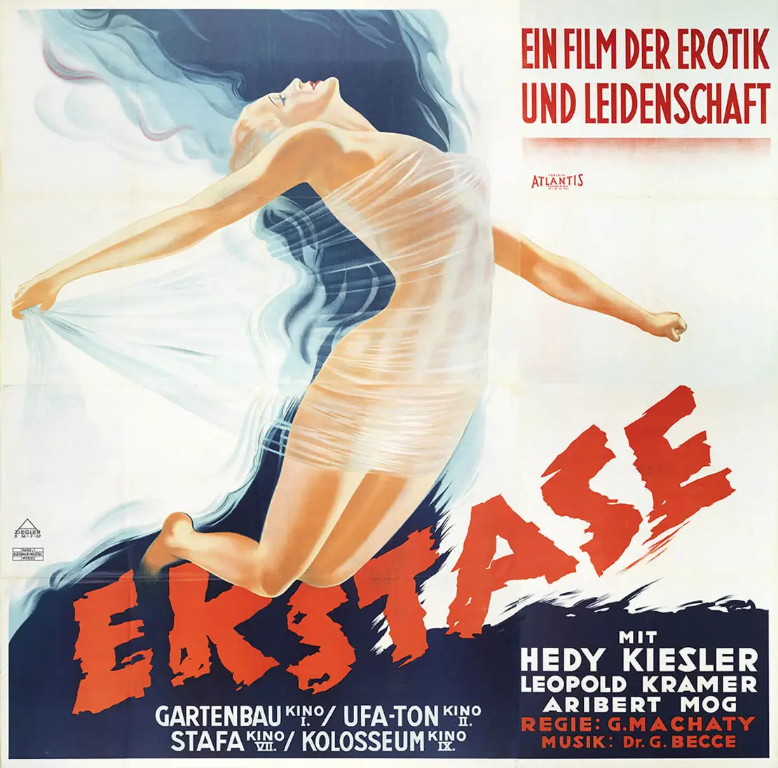 Das von Anton Ziegler gestaltete Plakat zum Film „Ekstase“ mit Hedy Kiesler-Lamarr (1933) wurde in manchen Städten von der Polizei unter Berufung auf eine Notverordnung aus Gründen „der öffentlichen Sittlichkeit“ entfernt. Wienbibliothek im Rathaus, Plakatsammlung, P-41833