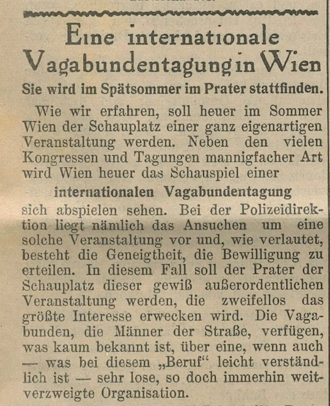 Ankündigung des Vagabundenkongresses in Wien in „Die Stunde“ vom 30. März 1930, Quelle: ANNO/ÖNB  