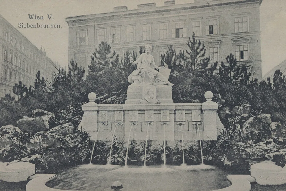 Siebenbrunnen am Siebenbrunnenplatz, 5. Bezirk, Ansichtskarte nach 1904, Sammlung Wien Museum