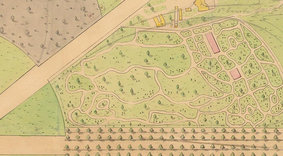 Detail aus einer „Situationskarte der stabilen Praterhütten“, 1854, Wien Museum. Nördlich der Hauptallee (unten) ist – sehr schematisch dargestellt – das Areal des Kaisergartens zu sehen.