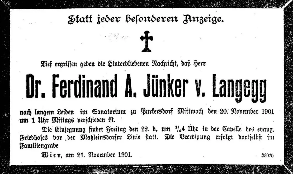 Todesanzeige in der „Neuen Freien Presse“ vom 22. November 1901, Quelle: ANNO/ÖNB  
