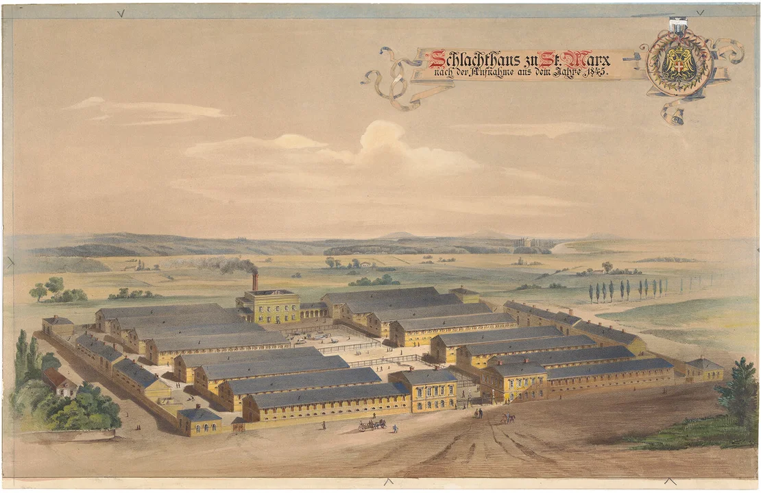 Schlachthof St. Marx zum Zeitpunkt der Eröffnung 1851 (falsche Datierung am Aquarell 1845), vermutlich 2. H. 19. Jh., Wien Museum, Inv. Nr. 48613