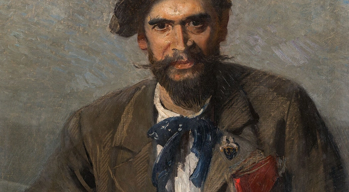 Hans Temple: Porträt des Malers Hans Wilt mit Fahrrad, 1895-97, Öl auf Leinwand, Wien Museum Inv.-Nr. 315598 (Ausschnitt) 