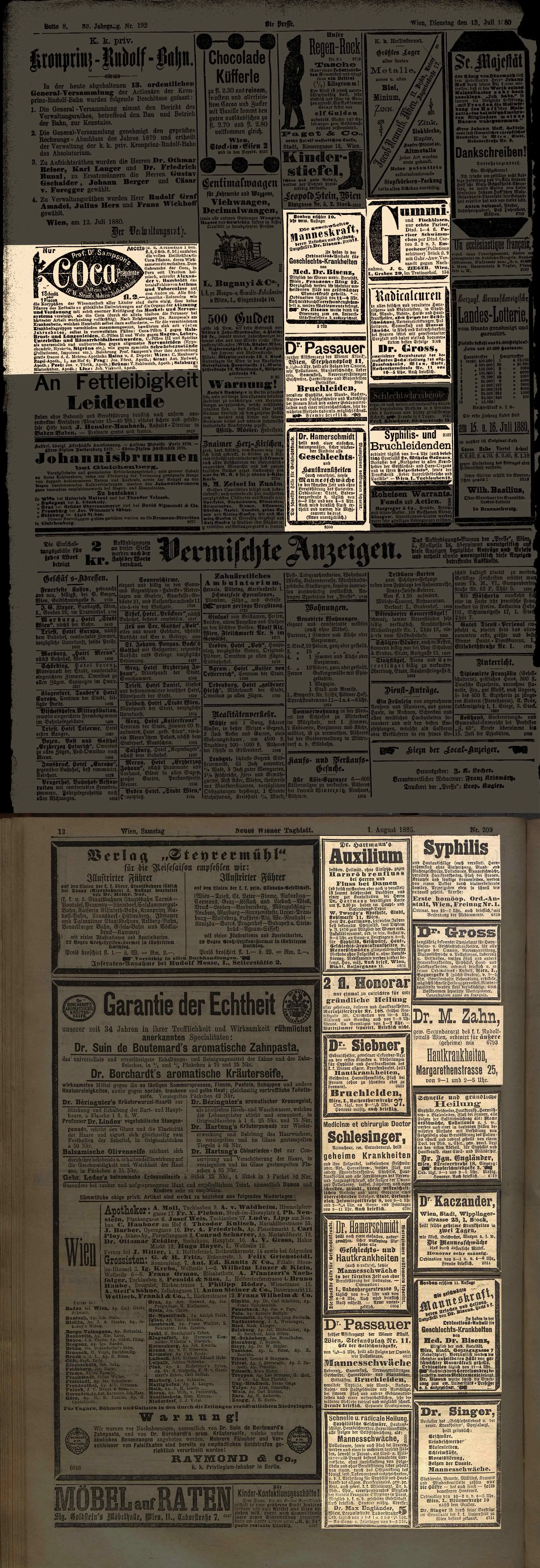 Die Presse, 13. Juli 1880 und Neues Wiener Tagblatt, 1. August 1885, Quelle: Anno/ÖNB  