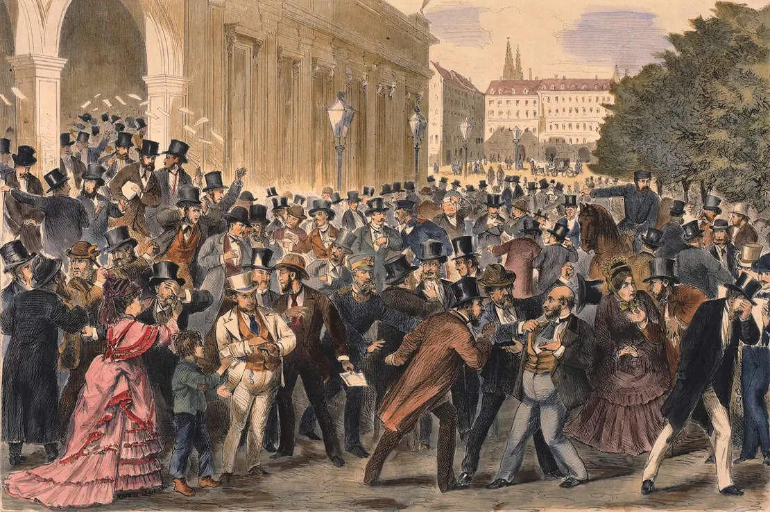 Die Börsenkatastrophe in Wien am 9. Mai 1873, Holzstich nach Zeichnung von Joseph Eugen Hörwarter. Die Darstellung ist antisemitisch: Im Vordergrund stürzen sich zwei Männer auf einen jüdisch stereotypisierten Mann. Aus: Illustrirte Zeitung, Leipzig, 21.Juni 1873, akg images/picturedesk.com  