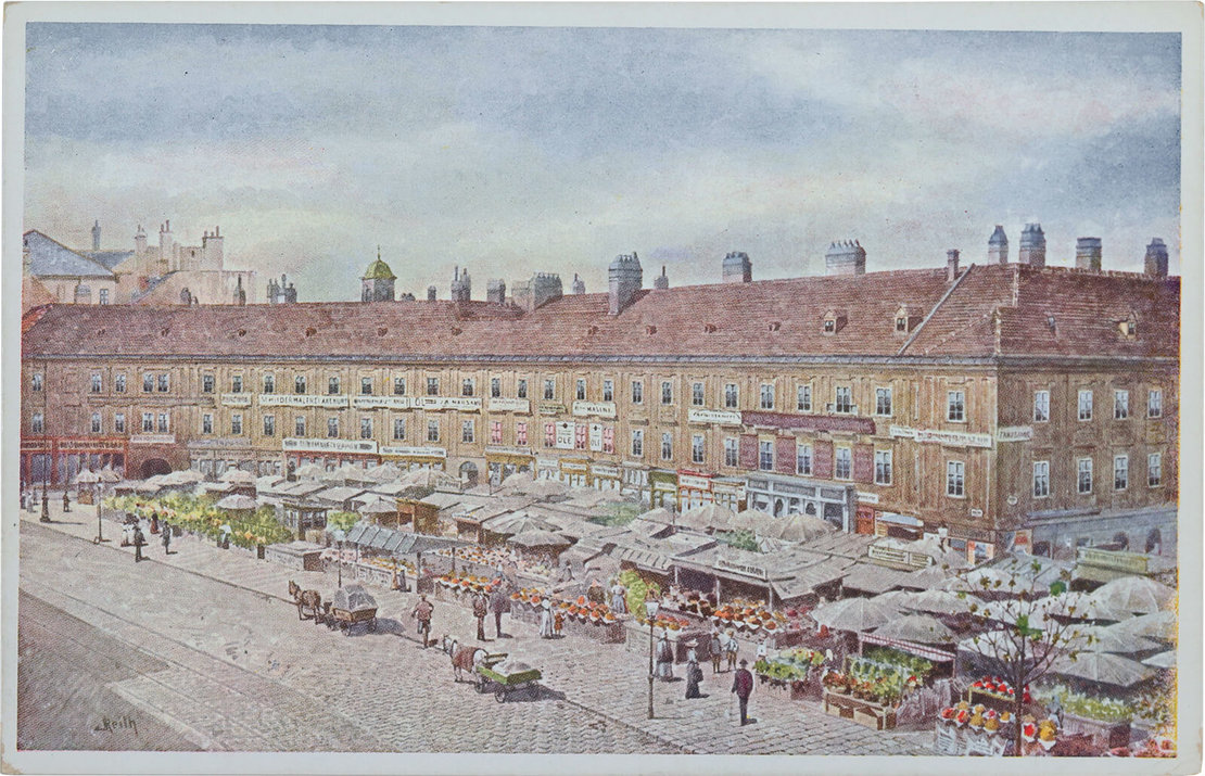 Naschmarkt, Ansichtskarte nach einem Aquarell von Gustav Feith, Brüder Kohn, nach 1904, Wien Museum 
