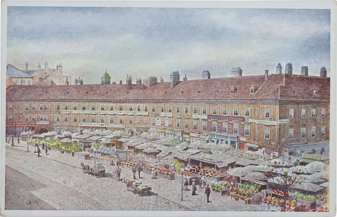 Naschmarkt, Ansichtskarte nach einem Aquarell von Gustav Feith, Brüder Kohn, nach 1904, Wien Museum  
