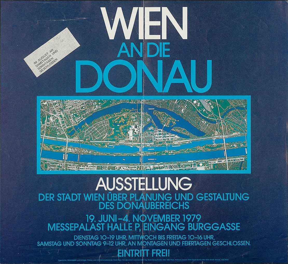 Plakat zur Ausstellung „Wien an die Donau“, hg. v. Presse- und Informationsdienst der Stadt Wien, 1979, Gestaltung: Pink House Studio Wien, Wienbibliothek im Rathaus, P-226136  