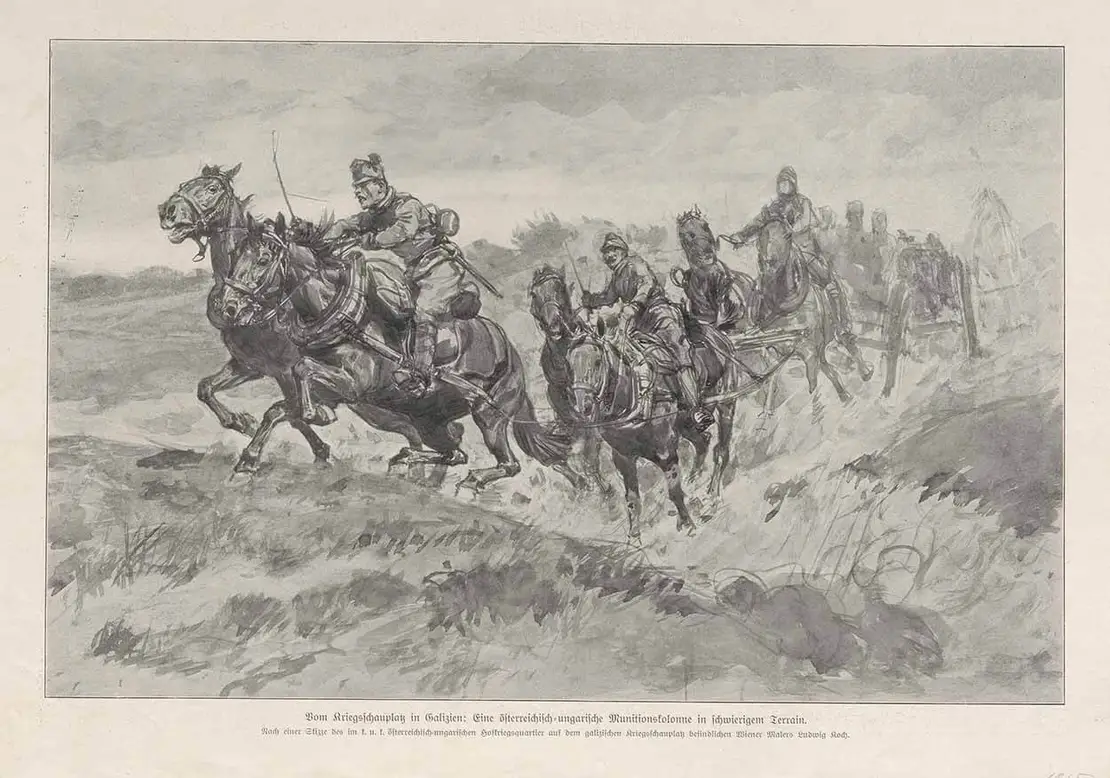 Ludwig Koch: Österreichisch-ungarische Munitionskolonne in schwierigem Terrain in Galizien, 1915, aus: „Illustrirte Zeitung", Leipzig, 18. März 1915, Wien Museum   