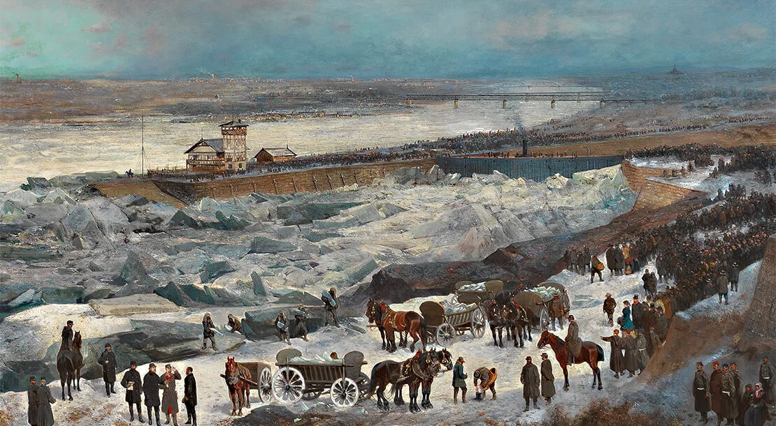 Adolf Obermüllner, Alexander Bensa: Der Donaueisstoß im Jänner 1880 mit dem Sperrschiff (Ausschnitt), Öl auf Leinwand, 1880, Sammlung Wien Museum  