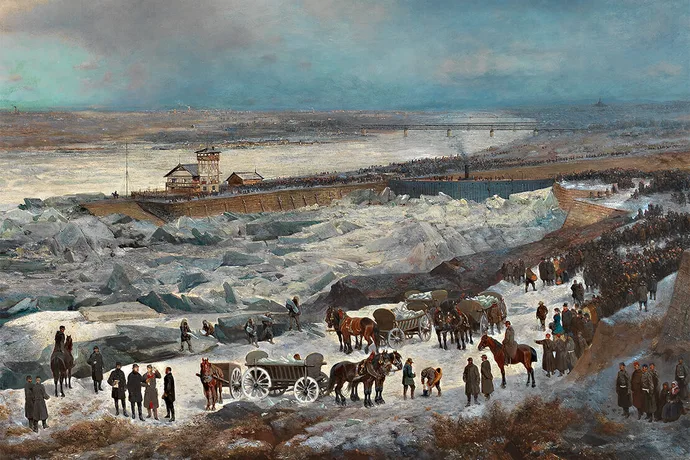Adolf Obermüllner, Alexander Bensa: Der Donaueisstoß im Jänner 1880 mit dem Sperrschiff (Ausschnitt), Öl auf Leinwand, 1880, Sammlung Wien Museum