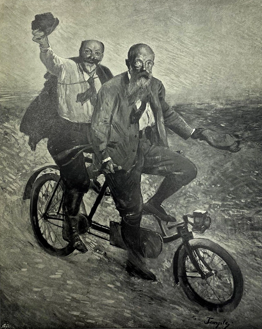 Hans Temple: Weyr und Lichtenfels am Rad, 1897, aus: Wiener Radfahr-Club Künstlerhaus (Hg.): Radlerei!, S. 65, Künstlerhaus-Archiv  