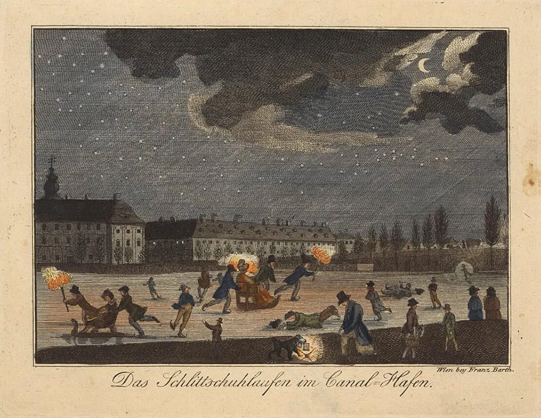 Schlittschuhlaufen am Kanalhafen, kolorierte Lithografie, undatiert, Sammlung Wien Museum