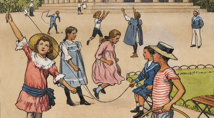 „Beim Spiele“, Gouache-Federzeichnung von Hans Printz (Ausschnitt), 1911