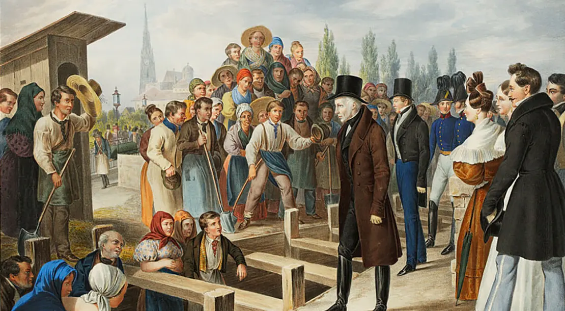 Kaiser Franz besucht die Baustelle des „Cholera-Kanals“. Lithografie aus dem Verlag Trentsensky, 1831. Das Blatt ist auf der Rückseite beschrieben: „Des Kaisers schönstes Werk zeigt sich in diesem Streben / Es drohte bitter Noth. Er macht die Armen leben! / Bewußt wie in dem Herzen, so sey auch hier im Bilde / Im Denkmal schwerer Zeit, ein Denkmal (seiner Majestät) Milde.“  